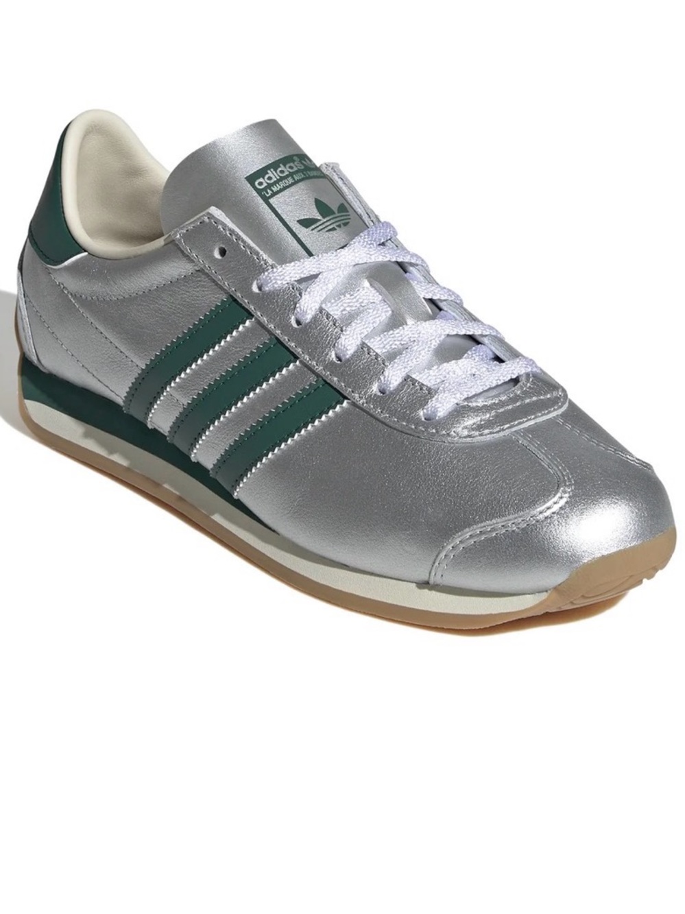 Country OG sneakers in a silver metallic colorway with green stripes